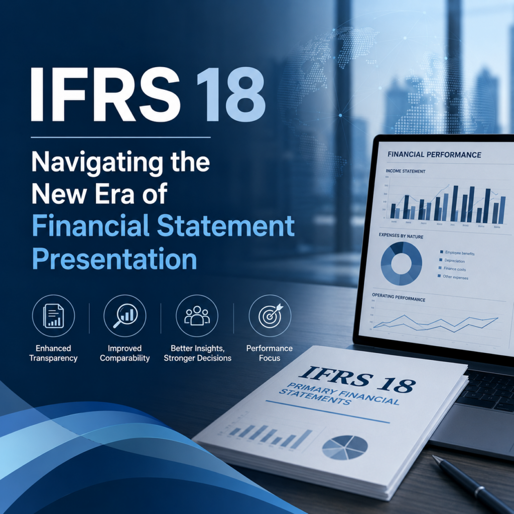 IFRS 18 cover: Navigating the New Era of Financial Statement Presentation, with a laptop displaying financial charts on the right and a blue graphic background.
