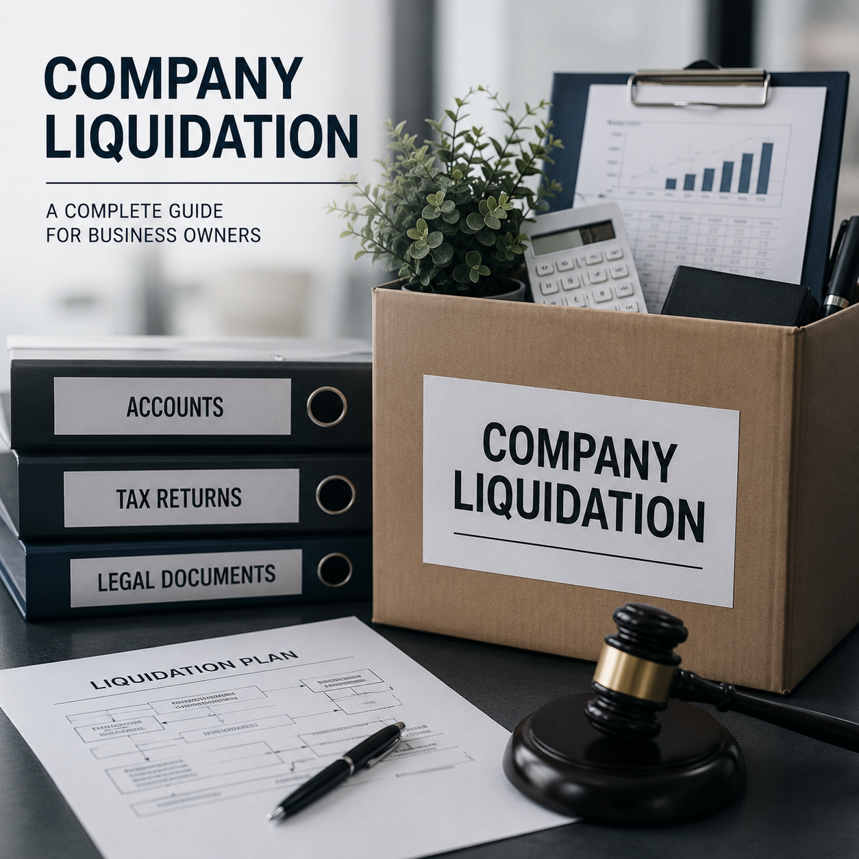 Box labeled 'Company Liquidation' on a desk with binders reading Accounts, Tax Returns, and Legal Documents nearby.