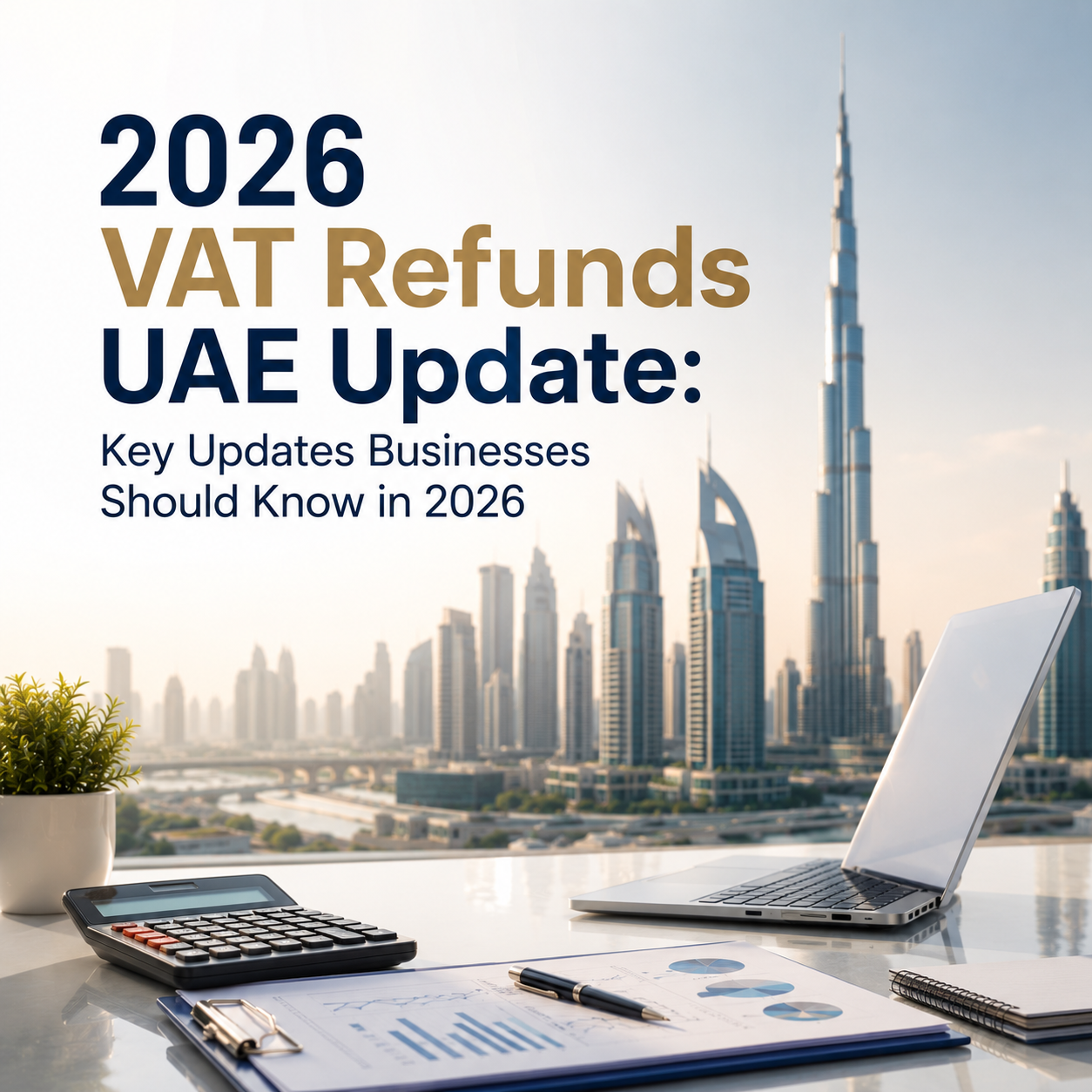 Banner announcing 2026 VAT Refunds UAE Update with Dubai-style skyline and a workspace including a laptop, calculator, and charts.