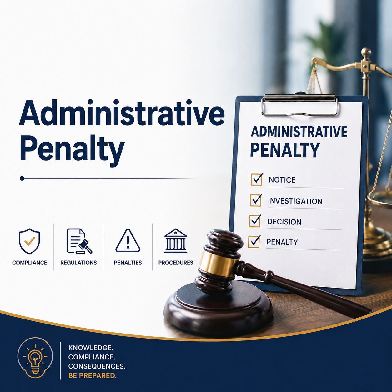 Clipboard labeled Administrative Penalty with a checklist (notice, investigation, decision, penalty) and a gavel beside scales. (informative)