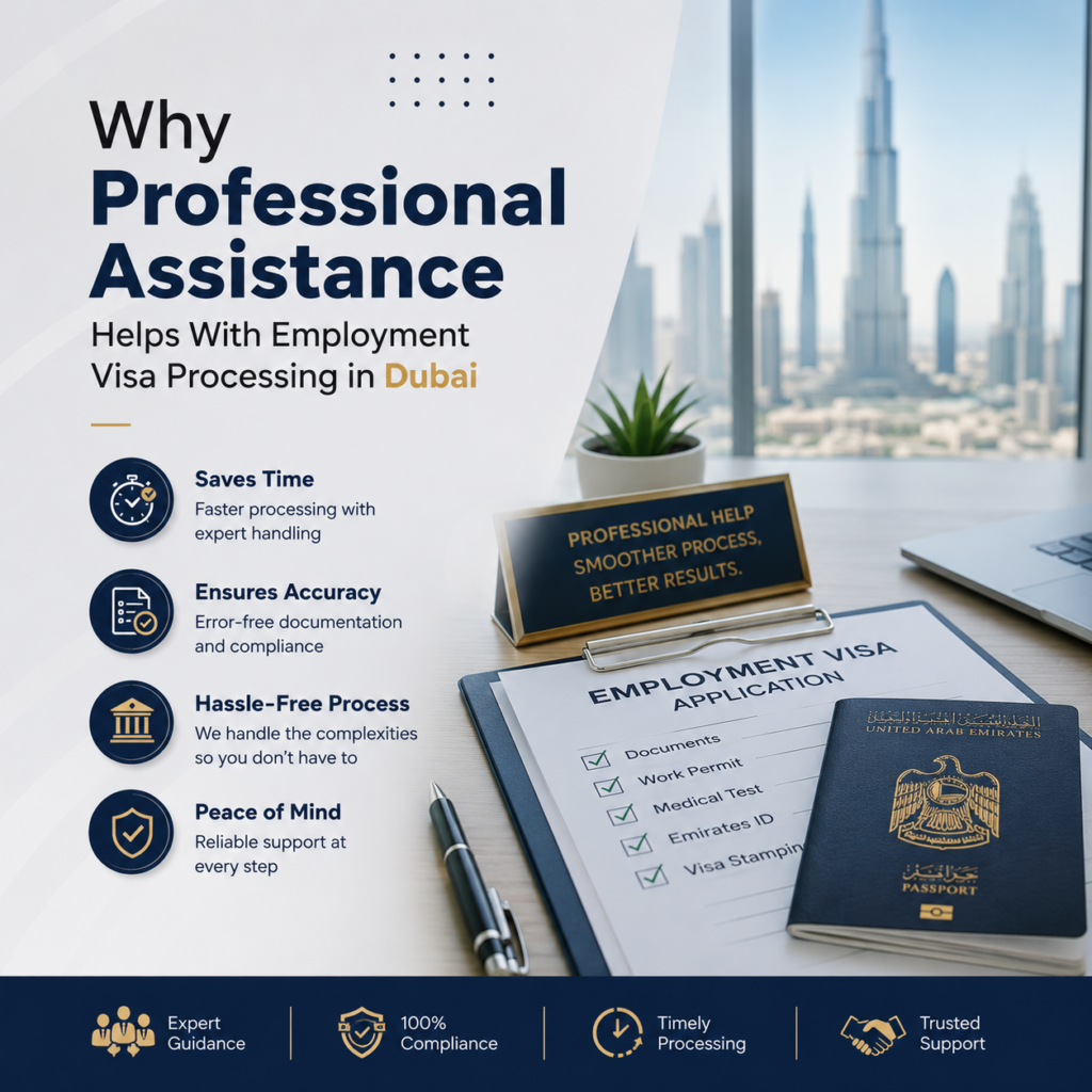 Informational poster about professional assistance for employment visa processing in Dubai, with bullet benefits and a desk scene showing a visa application form and UAE passport on the right.