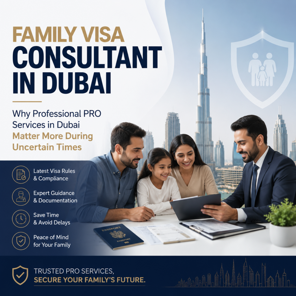Promotional banner for family visa consulting in Dubai showing a family with two consultants reviewing documents against a Dubai skyline.